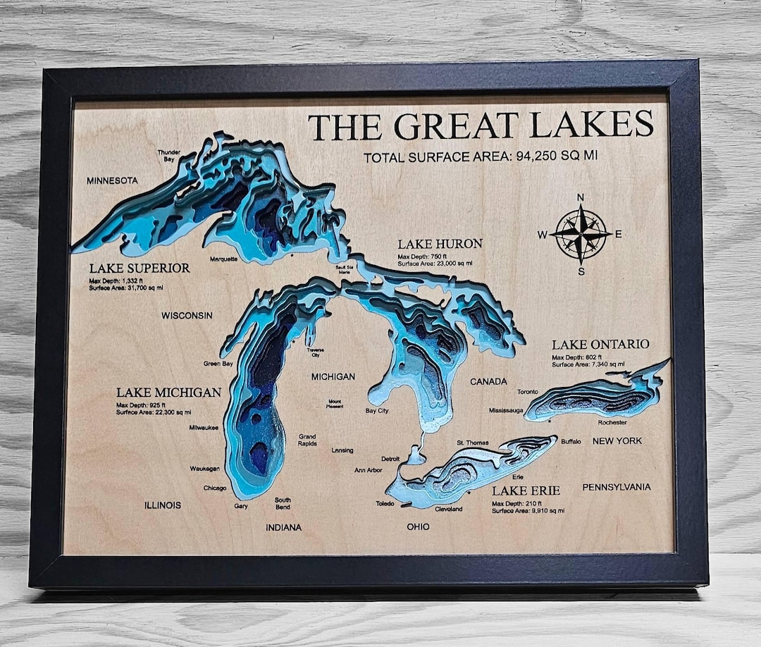 Great Lakes Map (multi-layer), Custom Lake Map, 3D Lake Map, Lake Decor