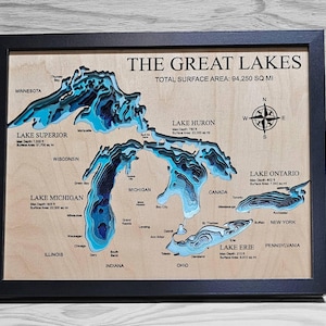 May include: A wooden map of the Great Lakes with a blue and white layered design. The map shows the names of the lakes, their maximum depths, and surface areas. The map is framed in black.