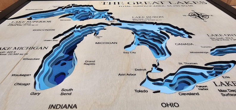 Great Lakes Map (multi-layer), Custom Lake Map, 3D Lake Map, Lake Decor