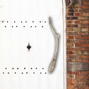 May include: A white wooden door with a natural branch handle, set in a red brick wall with an arched brick top. The door has a decorative star-shaped element and is studded with small, dark rivets.
