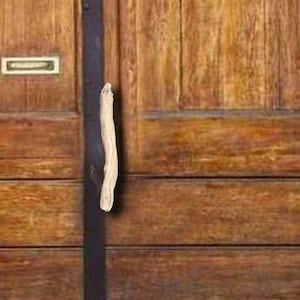 Puede incluir: Una puerta doble de madera arqueada con tablones horizontales, una franja vertical central de metal oscuro y un tirador de color claro, texturizado y con forma de rama irregular. Una pequeña ranura rectangular de metal está montada.