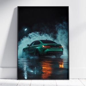 May include: A green BMW M3 sports car with black wheels and smoke coming from the tyres, driving on a wet road at night. The car is illuminated by a streetlight in the background.