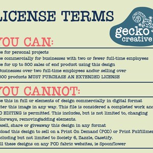 May include: A license terms document from Gecko Creative featuring a blue gecko logo. The text outlines permitted uses for personal and small business projects, and prohibited actions including digital resale, editing, and print-on-demand services.