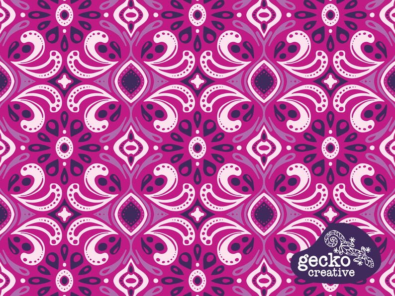 May include: A repeating pattern featuring stylized floral and paisley-like shapes in shades of magenta, dark purple, and light pink. The design includes symmetrical swirls and dots. A dark purple logo with a gecko icon and the text gecko creative.