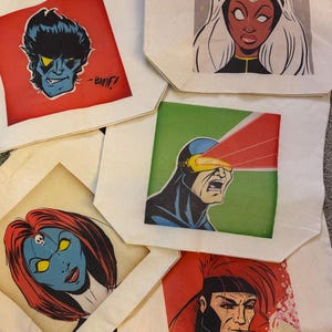 X-men reusable canvas tote bags. Cyclops, Gambit, Storm and more.