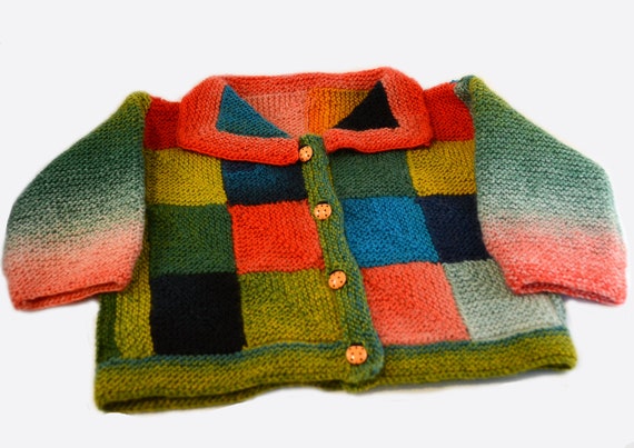 Baby Sweater Baby Blocks Jacket Knit Pattern Mitred Squares Multicolor Wool