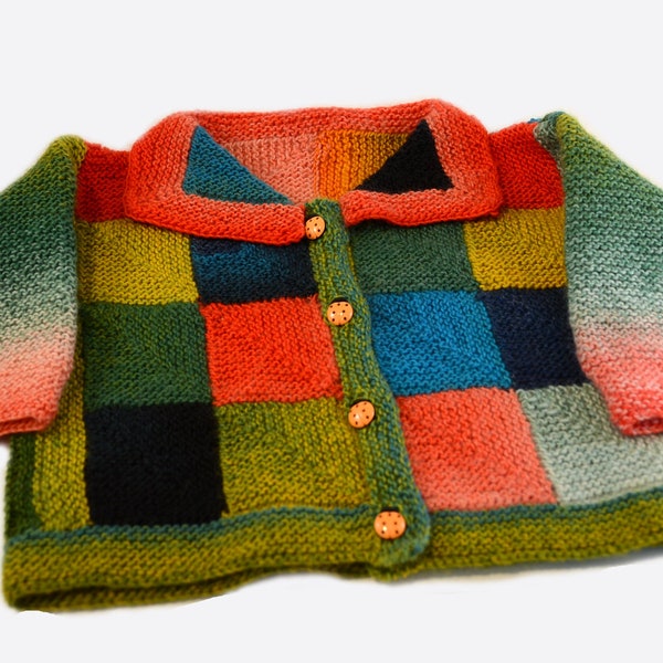 Baby Sweater-Baby Blocks Jacket knit pattern mitred squares multicolor wool