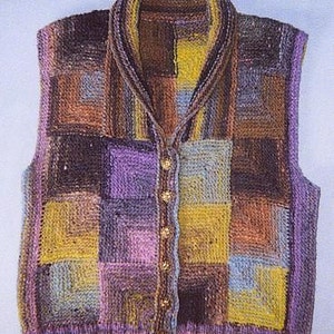May include: A knitted vest with a collar, featuring a patchwork design of squares in shades of purple, brown, yellow, and blue.