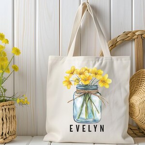 Custom Spring Flower Jar Canvas Tote Bag, Personalized Name Tote Bag, Birthday Gift for her, Bachelorette Bridesmaid Wedding Gifts T-06