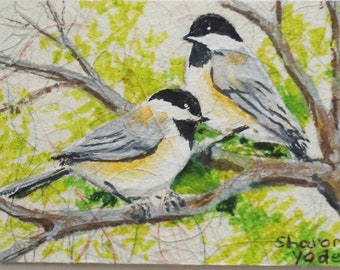 ACEO Original - Watercolor Painting - Chickadees in a Tree - Miniature Art - Artist Trading Card - Art Card Original - Bird Painting-