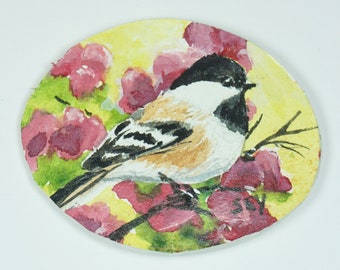 Original Watercolor Painting - Mini Painting - Refrigerator Magnet - Chickadee - Unique Gift - Wildlife Art - Oval Bird Painting