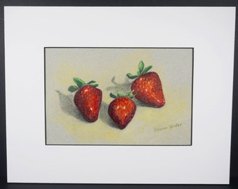 Original Colored Pencil Drawing - 7 x 9 Inch Still Life - Fruit - Strawberries - Optional 11"x14" Mat - Kitchen Decor - Fruit Still Life