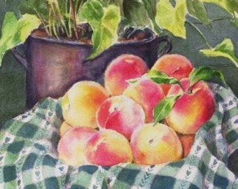 Original Watercolor Painting - Still Life with Fruit -  Peaches - Wall Art - Home Decor - Kitchen Decor