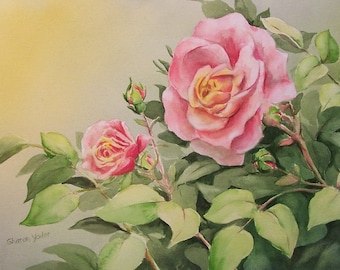 Original Watercolor Painting - Peace Rose- Includes Mat