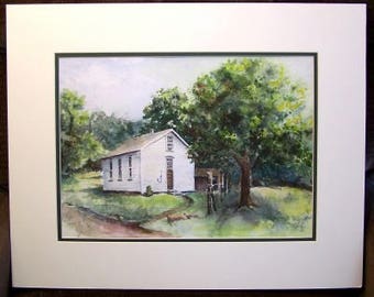 Original Watercolor Painting - 16x20 with Mat  - One Room School House - Historical Painting - History - Franklin School