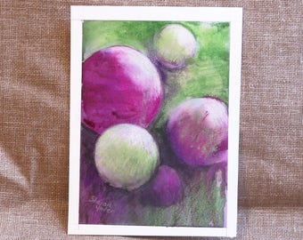 Original Abstract Painting - Watercolor - Geometric Circles - Red Violet and Lime Green - 5x7 Inch - Home Decor