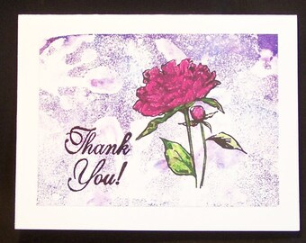Thank You Cards, Thank You Notes, Hand Embossed - Set of Two, 5 1/2" x 4 1/4" - Pink Carnation on Purple and White, Blank Note Card