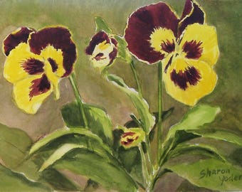 Pansies Watercolor Painting: Purple & Yellow Floral Botanical Art