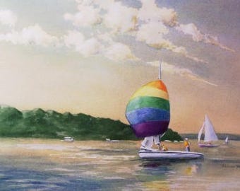 Original Watercolor Painting - Sailing, Sailboat -  Lake - Includes Double Mat