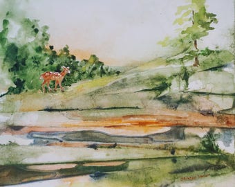 Original Art - Watercolor Painting - Landscape - Deer - Fawn - Wall Art - Wildlife Art - Home Decor - Animal Art