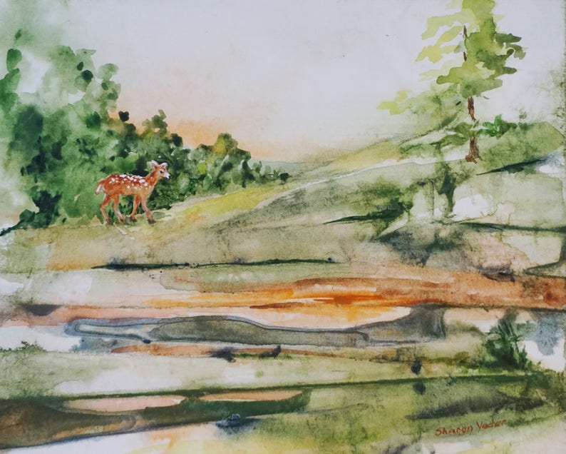 Deer Watercolor Painting Animal Art Original Art Wall Art Fawn Landscape Wildlife Art Home Decor