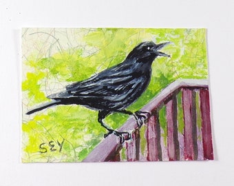 ACEO Original - Watercolor/ Gouache Painting - Birds -  Crow - Artist Trading Card - Wildlife Qrt - Art Card Original - Small Art