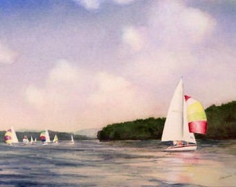 Original Watercolor Painting - 16x20 with Mat - Sailboats