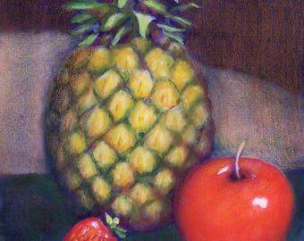 Original Watercolor & Colored Pencil Painting - Fruit Still Life - Pineapple, Apple, Strawberries - With Double Mat 11"x14" - Wall Art