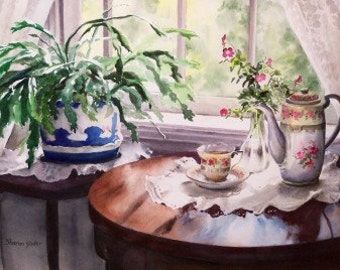 Still Life Painting - Giclee Print - Limited Edition Print - Tea Cup - Christmas Cactus - Tea Pot - Reproduction of Watercolor Painting