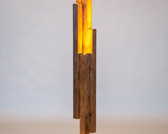 Architectural Wood Floor Lamp, Large Sculptural Standing Light for Living Room, Organic Modern Handcrafted Column LED Lamp