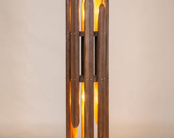 Sculptural Solid Wood Floor Lamp | Mid-Century Modern Organic Ambient Lighting | Staggered Panel Design with Crystal Refraction