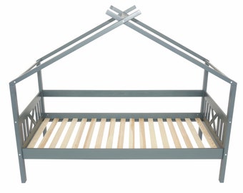 Kinderhausbett, Kleinkinderbett 200x90 cm, grau, Massivholz
