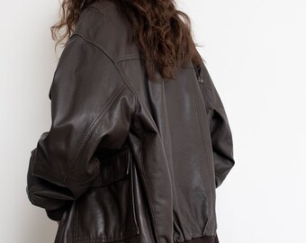 Vintage 90s Brown Leather Bomber Jacket - Etsy