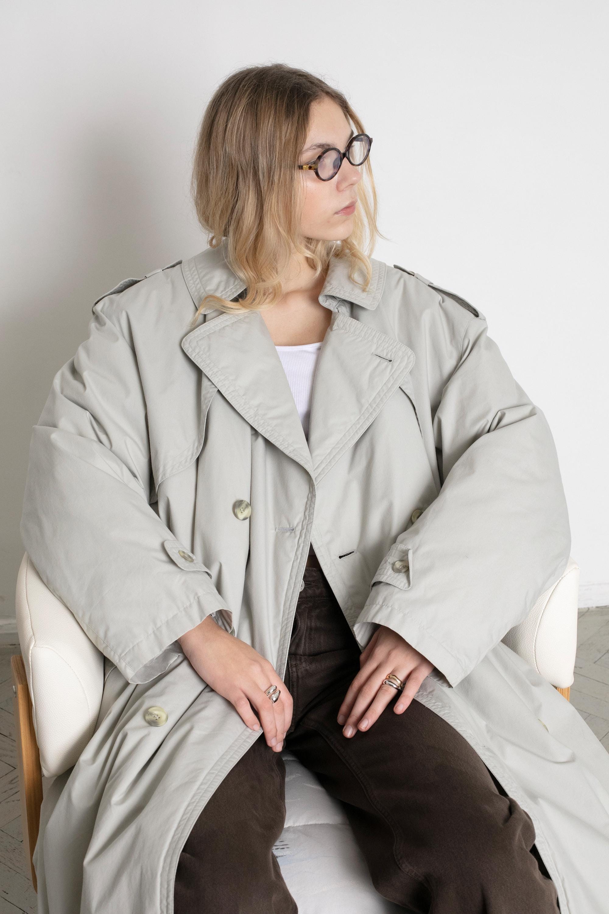 Vintage Trench Coat Puffer Light Grey Spring Jacket Long