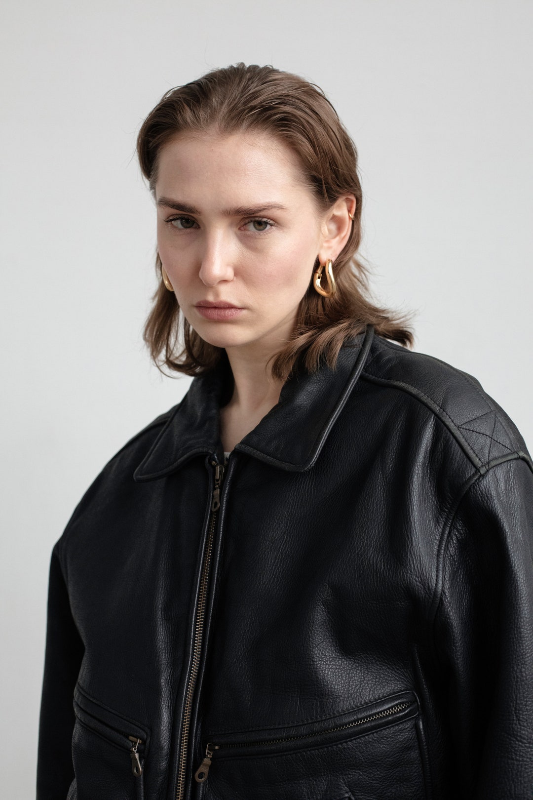Vintage 90’s brown bomber graphic leather jacket