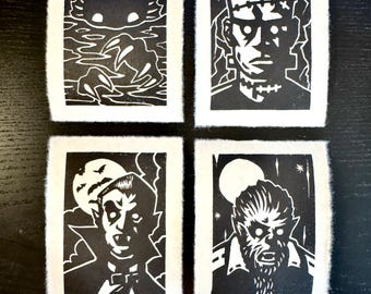 Movie Monsters set of 4, Black and gray, lino cut relief print