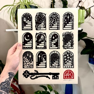 Portals - Linocut print in black, tattoo art, wall art, home decor, gift