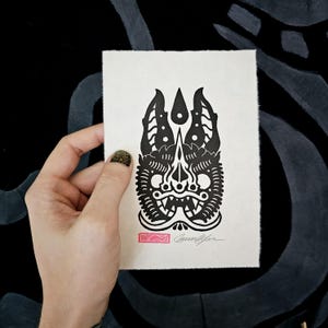 Lil&#39; Blood Sucker Linocut print in black, animal art, vampire art, goth art, tattoo art, wall art, home decor, fine art linocut, gift