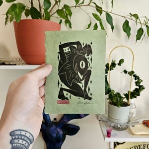 Creep&#39;n Green Cosmic Frog Linocut print in black, animal art, frog art, puppet art, tattoo art, wall art, home decor, fine art linocut, gift