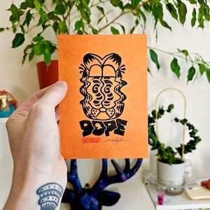 Orange Lasagna Cat Linocut Print: Funny Tattoo Art