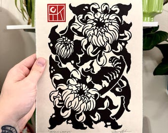 Chrysantheme Blockprint - Black Ink Linoldruck Kunstdruck
