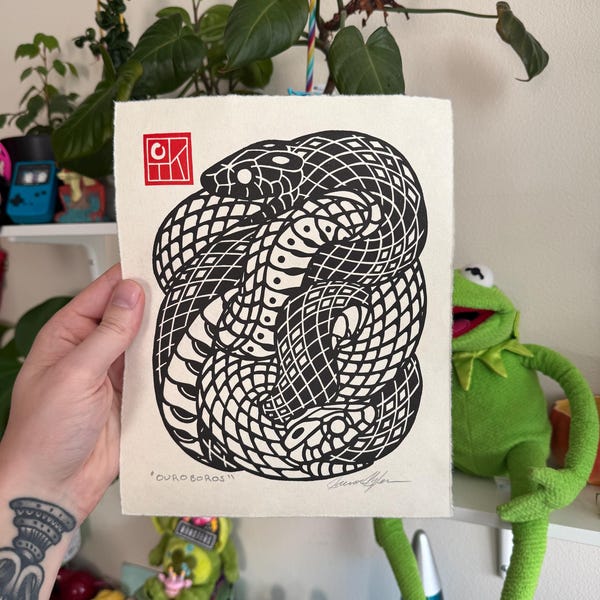 Ouroboros print in Black, snake, zodiac, wall art, home decor, fine art linocut, gift