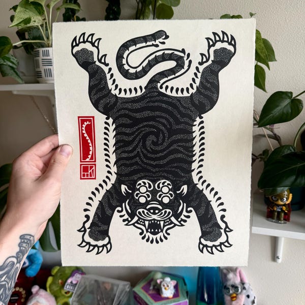 Tibetan Void Tiger Linocut Print: Tattoo Art Home Decor