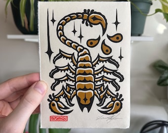 Cosmic Scorpion, Yellow Ochre, lino cut relief print