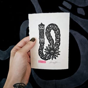 Flail Linocut print in black, medieval art, goth art, tattoo art, wall art, home decor, fine art linocut, gift