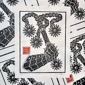 Khalim&#39;s Flail Linocut print in black, flail art, medieval art, armor, gauntlet, tattoo art, wall art, home decor, fine art linocut, gift