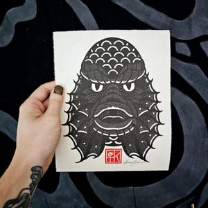 Gil-lman Linocut print in black, horror, Monster, creature, wall art, home decor, fine art linocut, gift
