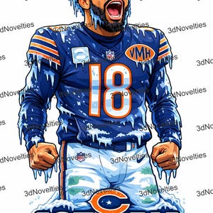 May include: Illustration of a football player in a blue jersey with the number 18, and the word "ICEMAN". The image has a stylized ice effect. The player is wearing a headband with a logo.