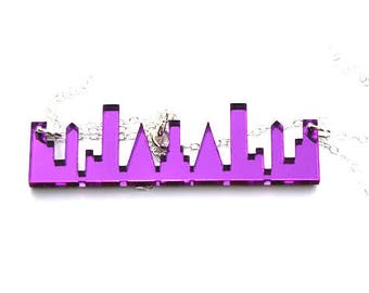 Purple Skyline Necklace Laser Cut Acrylic New York London in Purple Mirror Perspex on Sterling Silver Chain