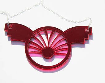 Red Art Deco Necklace Round Geometric Laser Cut Acrylic Perspex Sterling Silver Chain